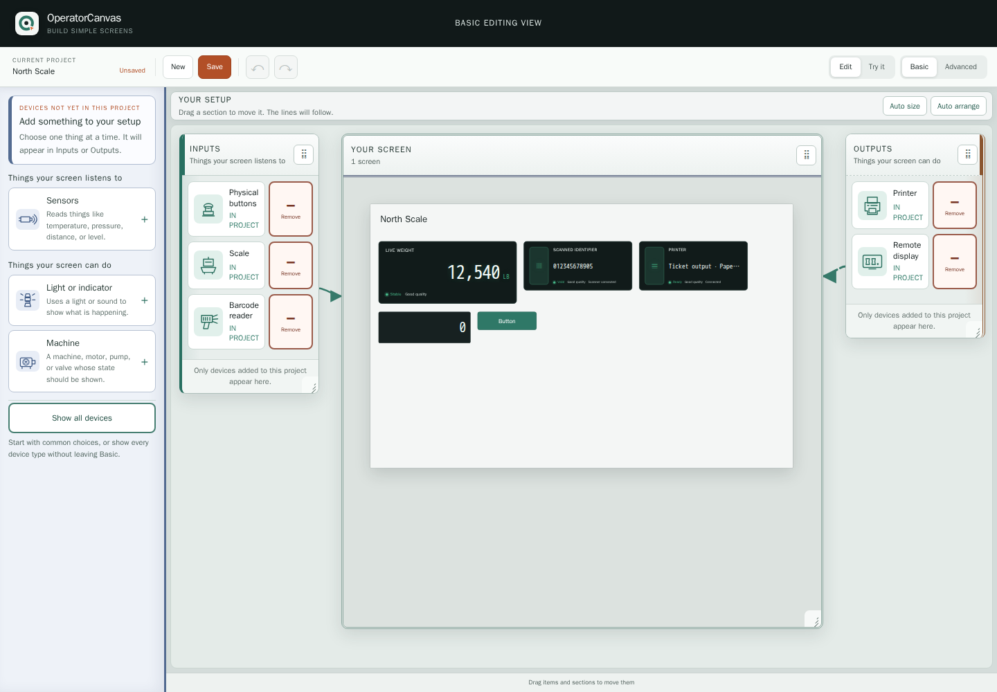 Actual OperatorCanvas editor with a blank relational canvas and control palette