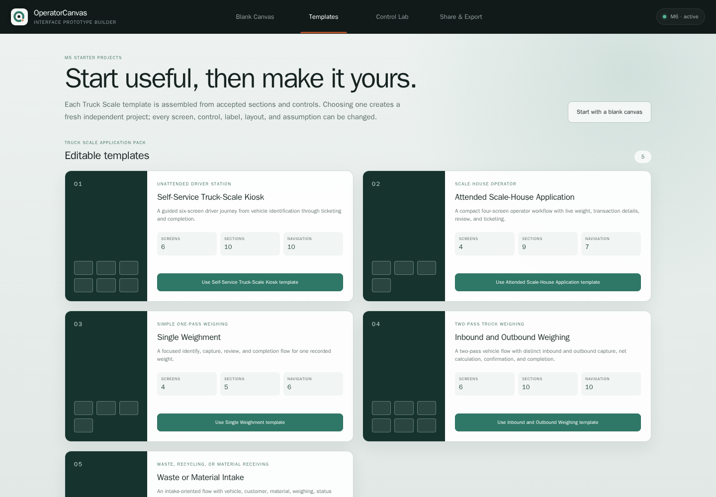 Actual OperatorCanvas gallery with five industrial workflow templates